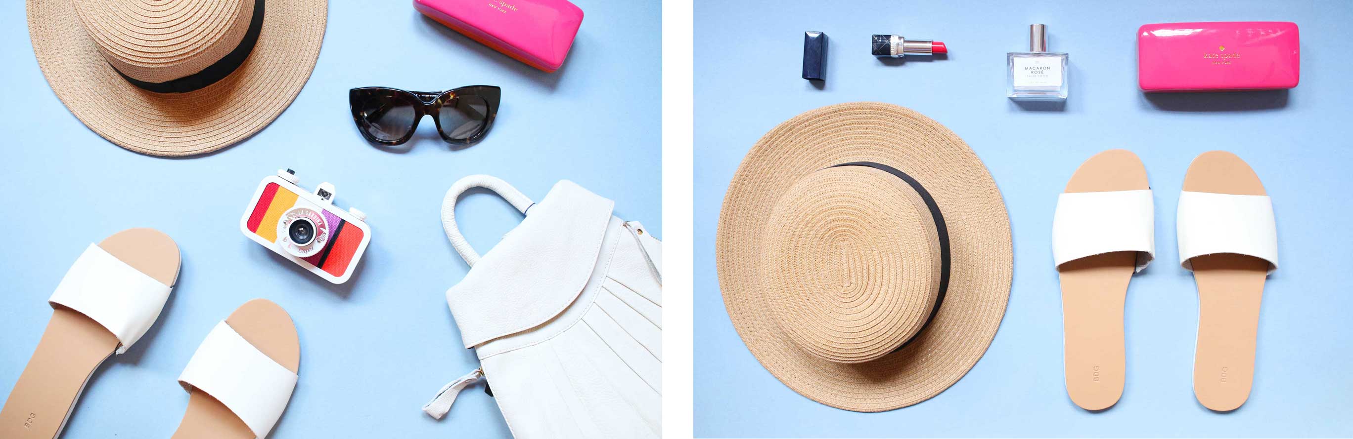 white bag, hat, purse, sunglasses