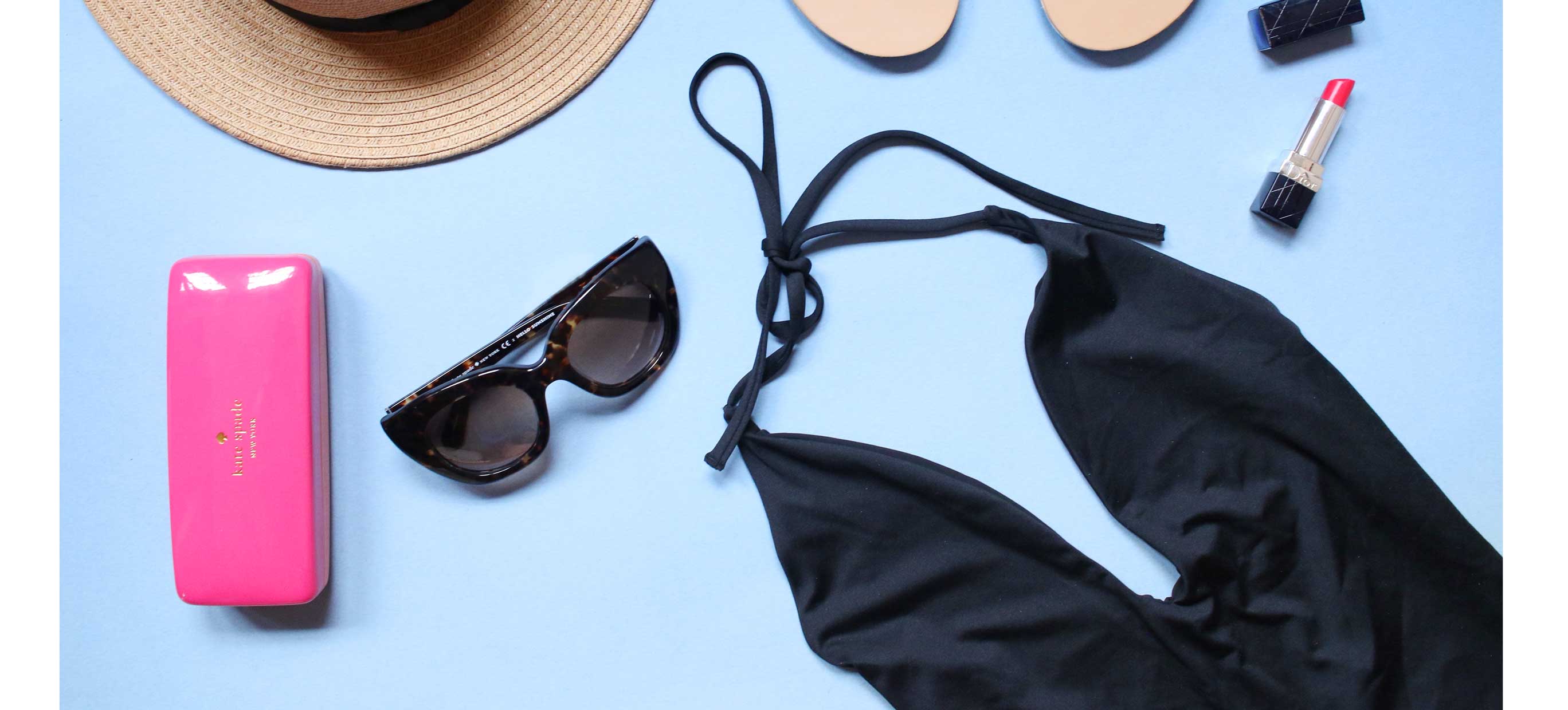 black one piece swimsuit, sunglasses, lipstick