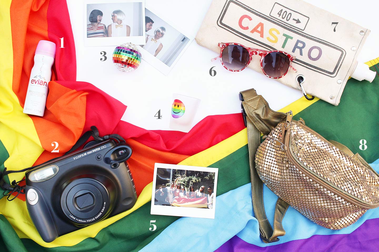 polaroid, fanny pack, sunglasses, shot glass, rainbow, evian, discoball